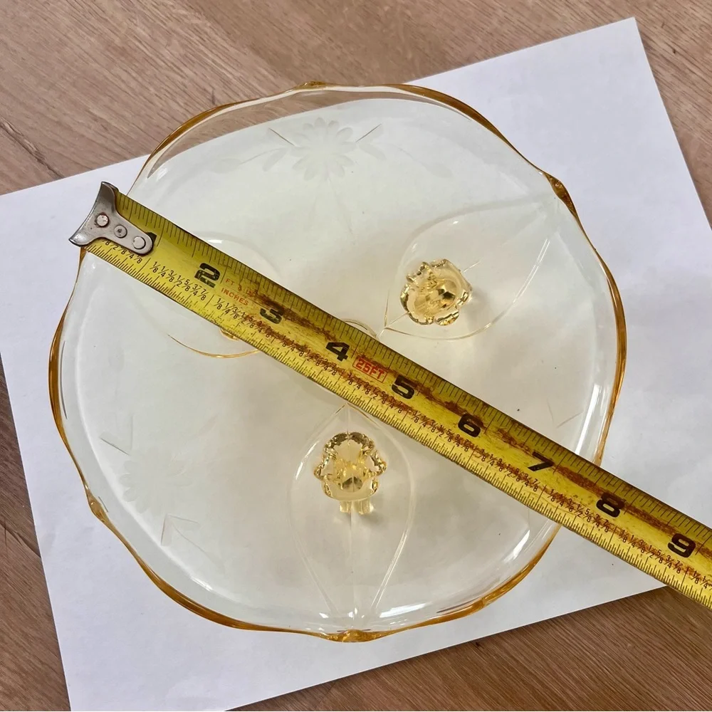 Lancaster Yellow Engraved Flower‎ Glass Petal Footed Dish Bowl Cake Plate 8” Vtg